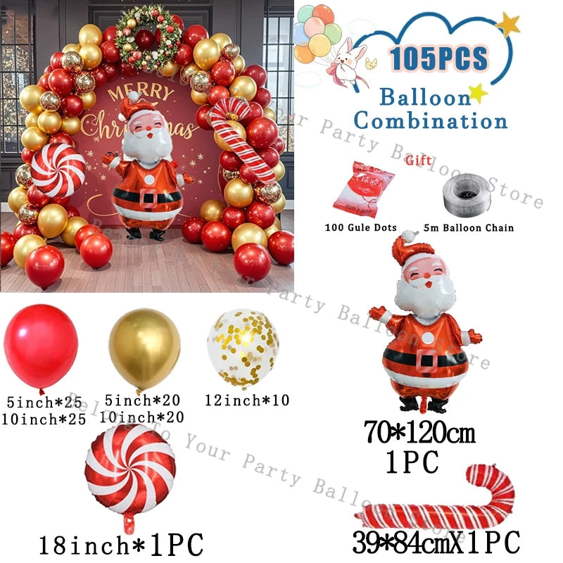 Decoración navideña: guirnalda de globos, arco, piruleta, bastón de caramelo, globo metalizado, globo rojo y verde.