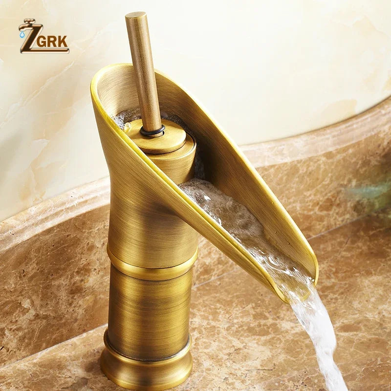 Grifo de lavabo clásico estilo antiguo, grifo de baño en cascada, grifo de agua caliente y fría, grifo de bronce de un solo orificio tipo copa