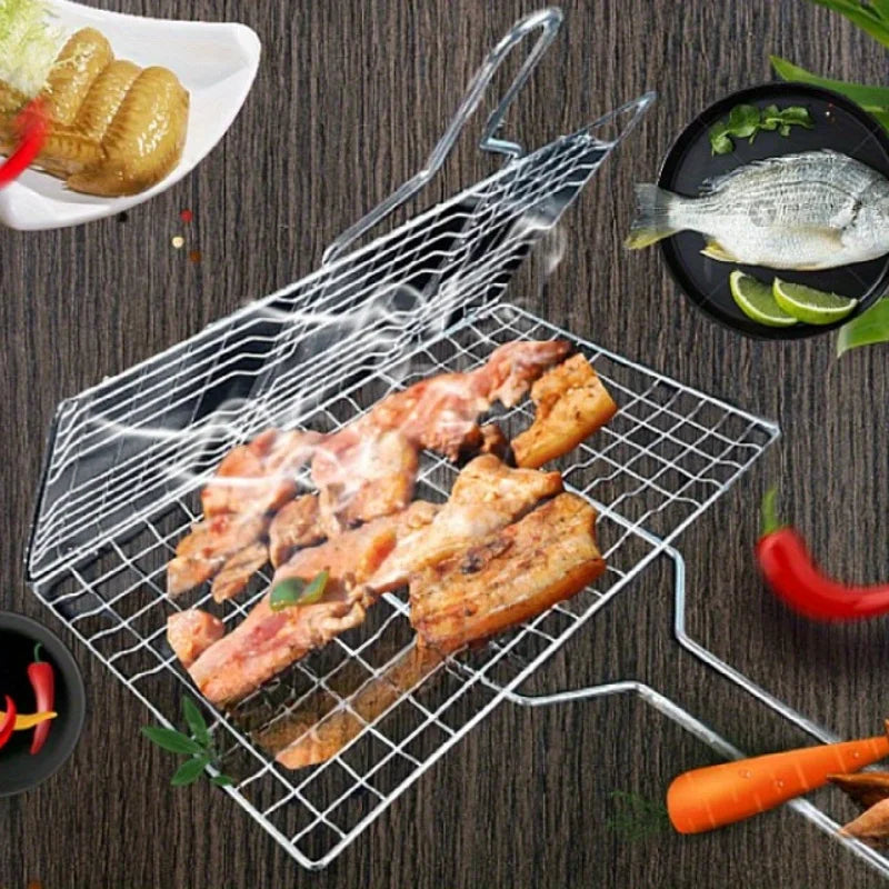 Rejilla de barbacoa plegable y gruesa de acero inoxidable con gran capacidad para asar pollo y cesta para asar con asa.