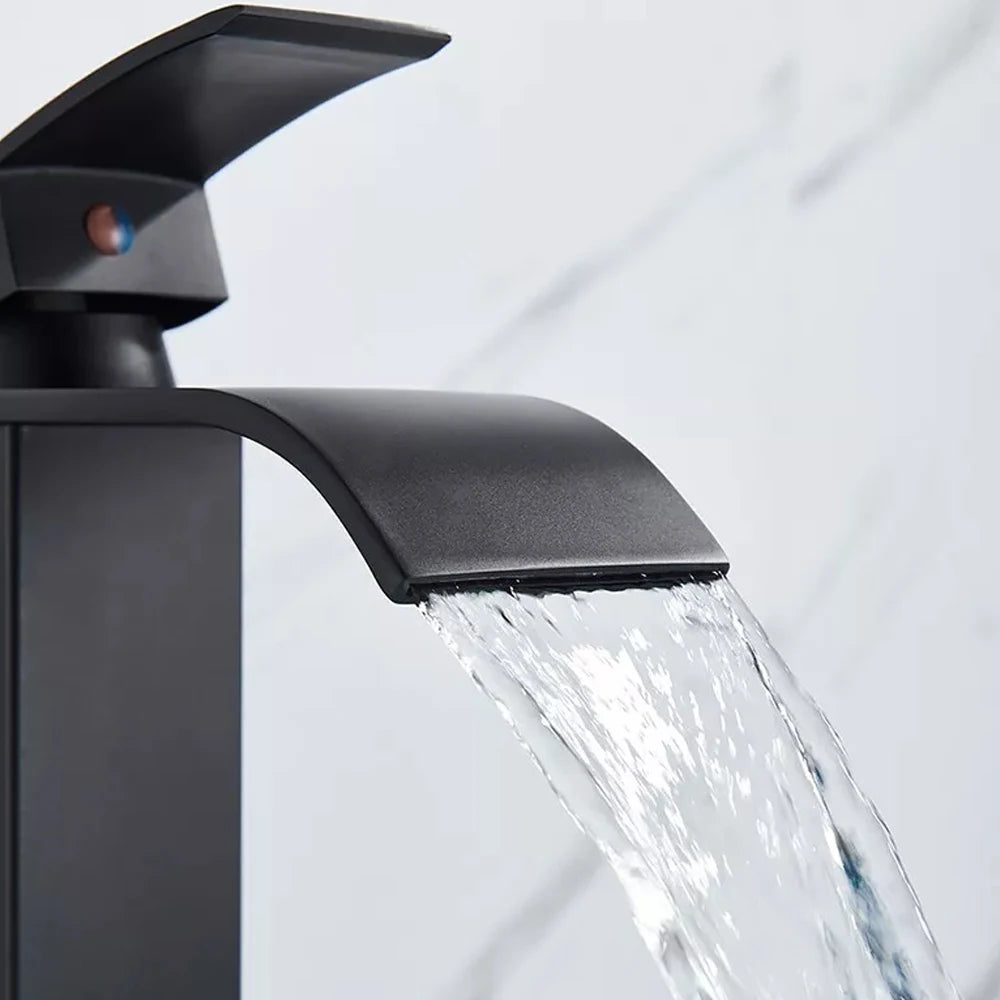 Grifo de baño cascada negro, lavabo, lavabo de tocador, grifo mezclador, grifo de agua fría y caliente, grifos de lavabo de baño de un solo orificio, grúa