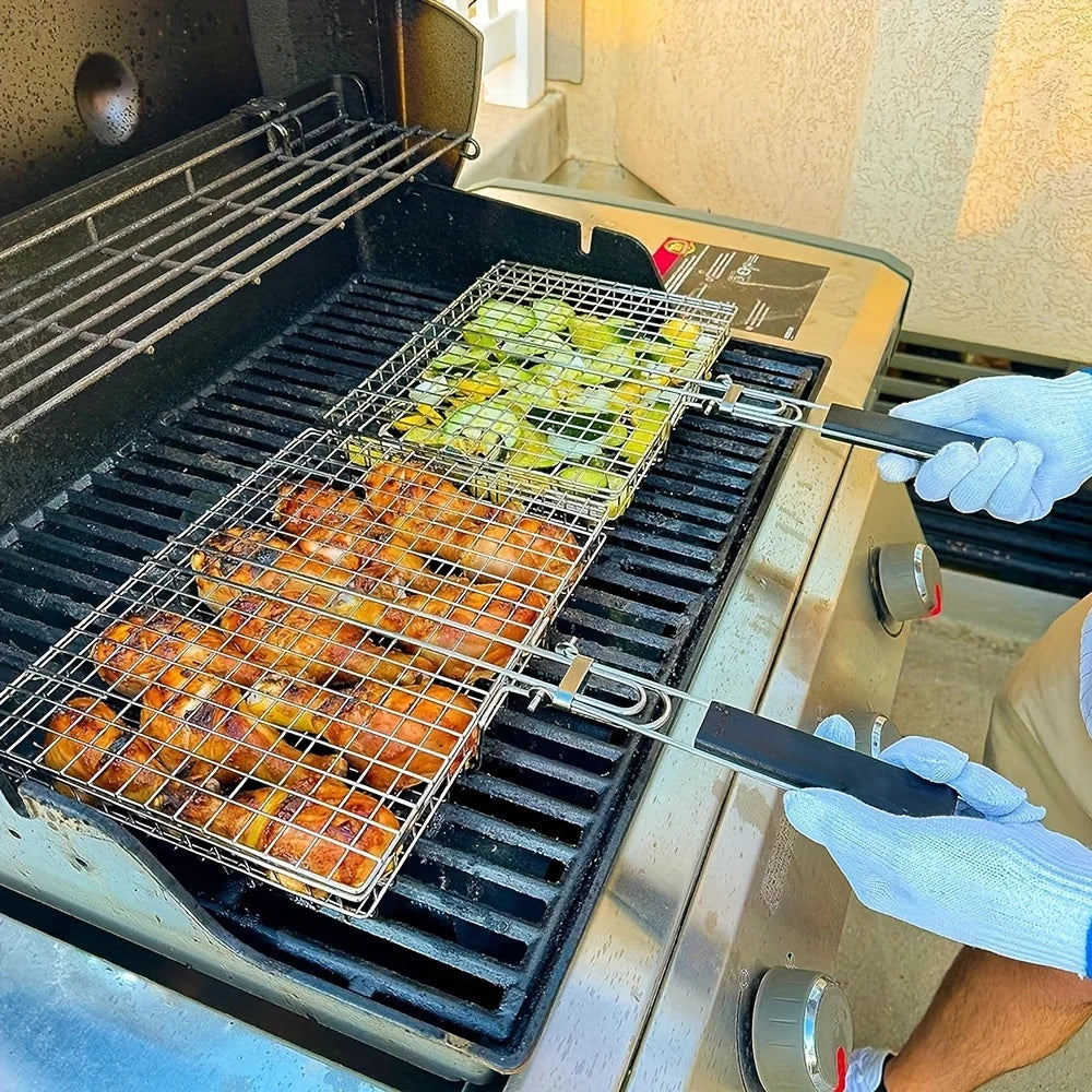 Rejilla de barbacoa plegable y gruesa de acero inoxidable con gran capacidad para asar pollo y cesta para asar con asa.