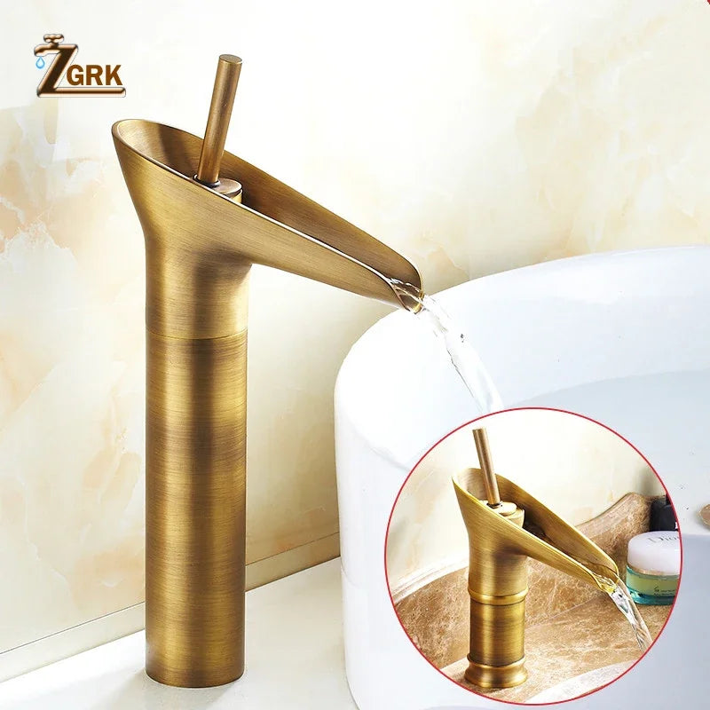 Grifo de lavabo clásico estilo antiguo, grifo de baño en cascada, grifo de agua caliente y fría, grifo de bronce de un solo orificio tipo copa