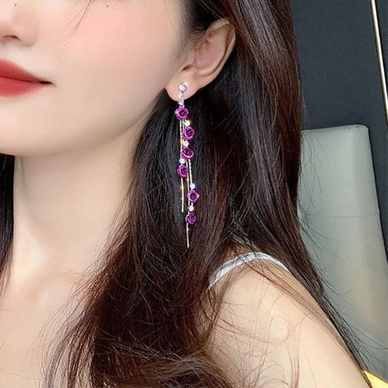 Pendientes retro con flores rosas para mujer
