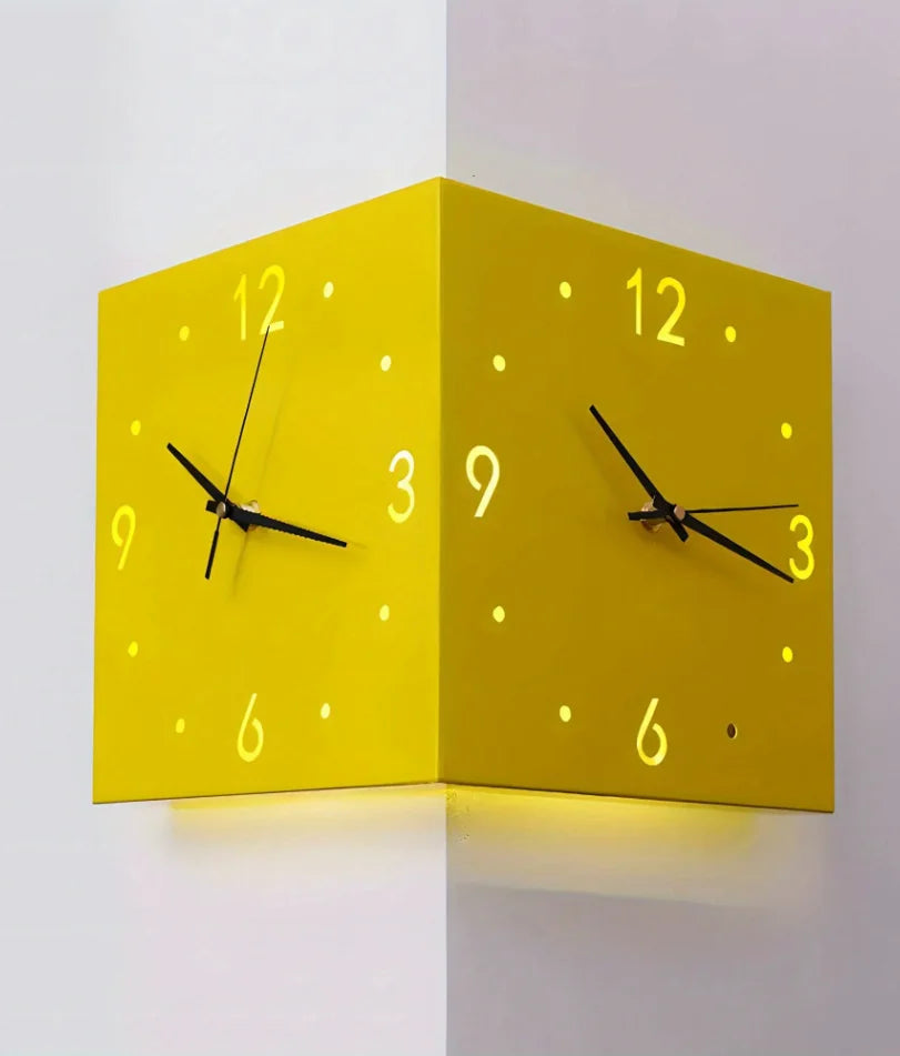 Reloj de pared moderno de esquina, luminoso de doble cara