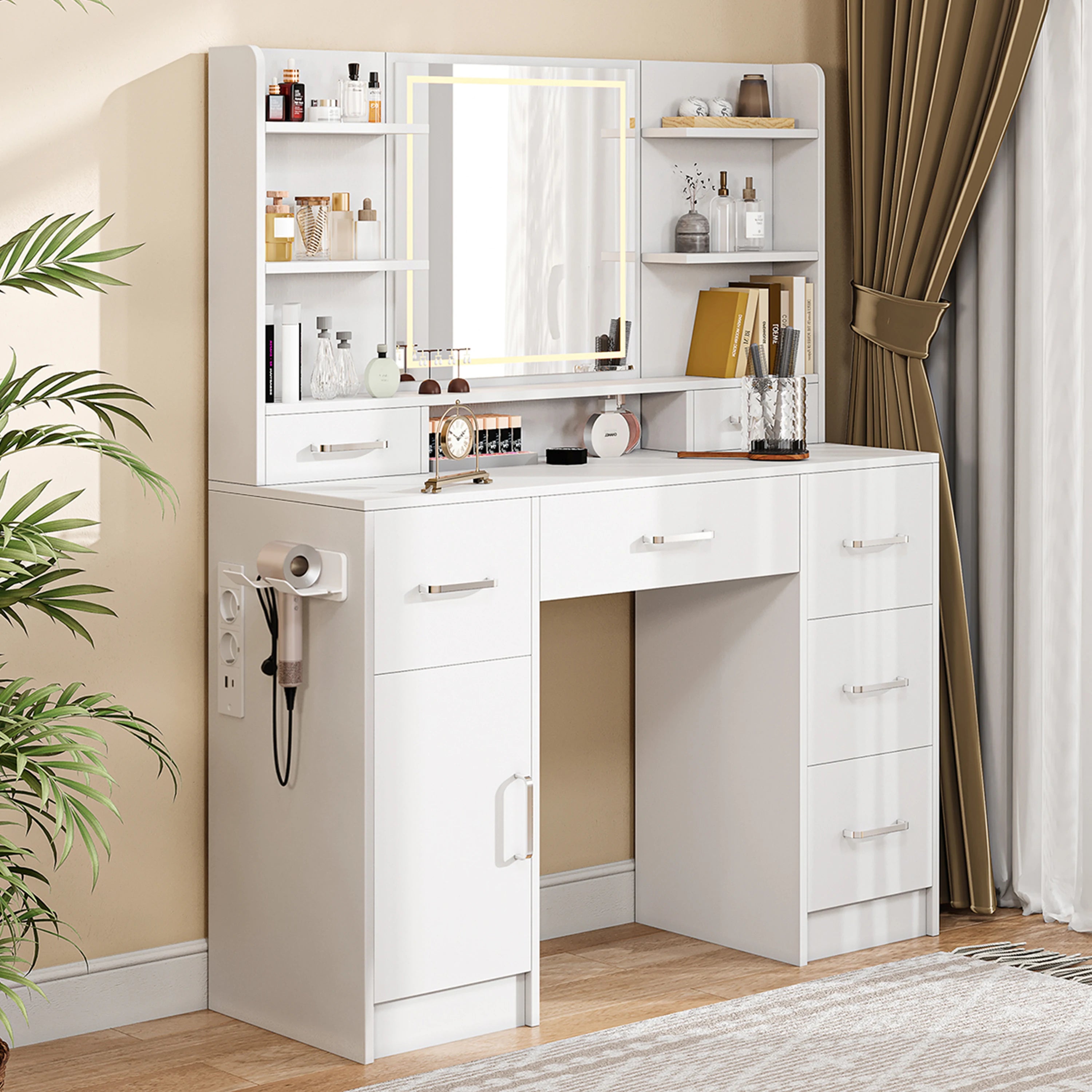 Tocador con espejo LED, con multienchufe, 7 cajones y 6 estantes abiertos