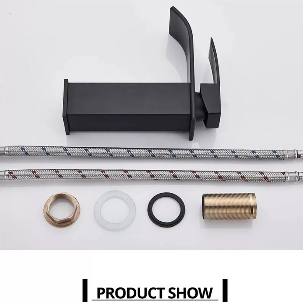 Grifo de baño cascada negro, lavabo, lavabo de tocador, grifo mezclador, grifo de agua fría y caliente, grifos de lavabo de baño de un solo orificio, grúa