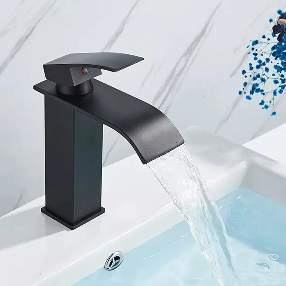 Grifo de baño cascada negro, lavabo, lavabo de tocador, grifo mezclador, grifo de agua fría y caliente, grifos de lavabo de baño de un solo orificio, grúa
