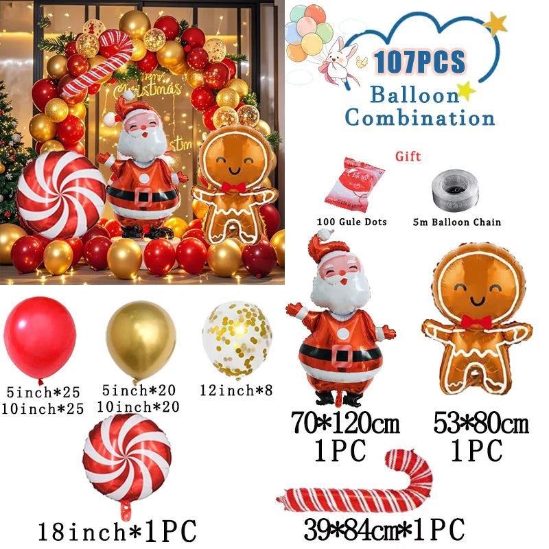 Decoración navideña: guirnalda de globos, arco, piruleta, bastón de caramelo, globo metalizado, globo rojo y verde.