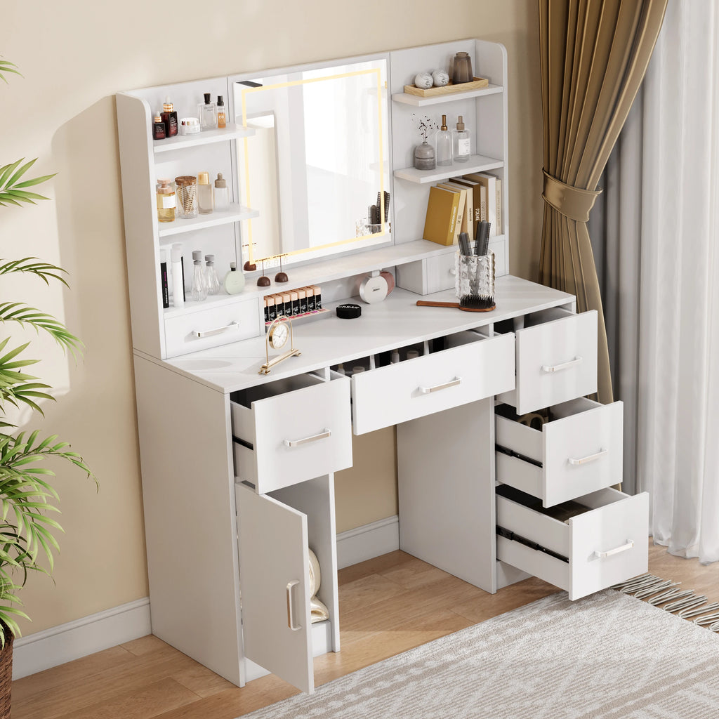 Tocador con espejo LED, con multienchufe, 7 cajones y 6 estantes abiertos
