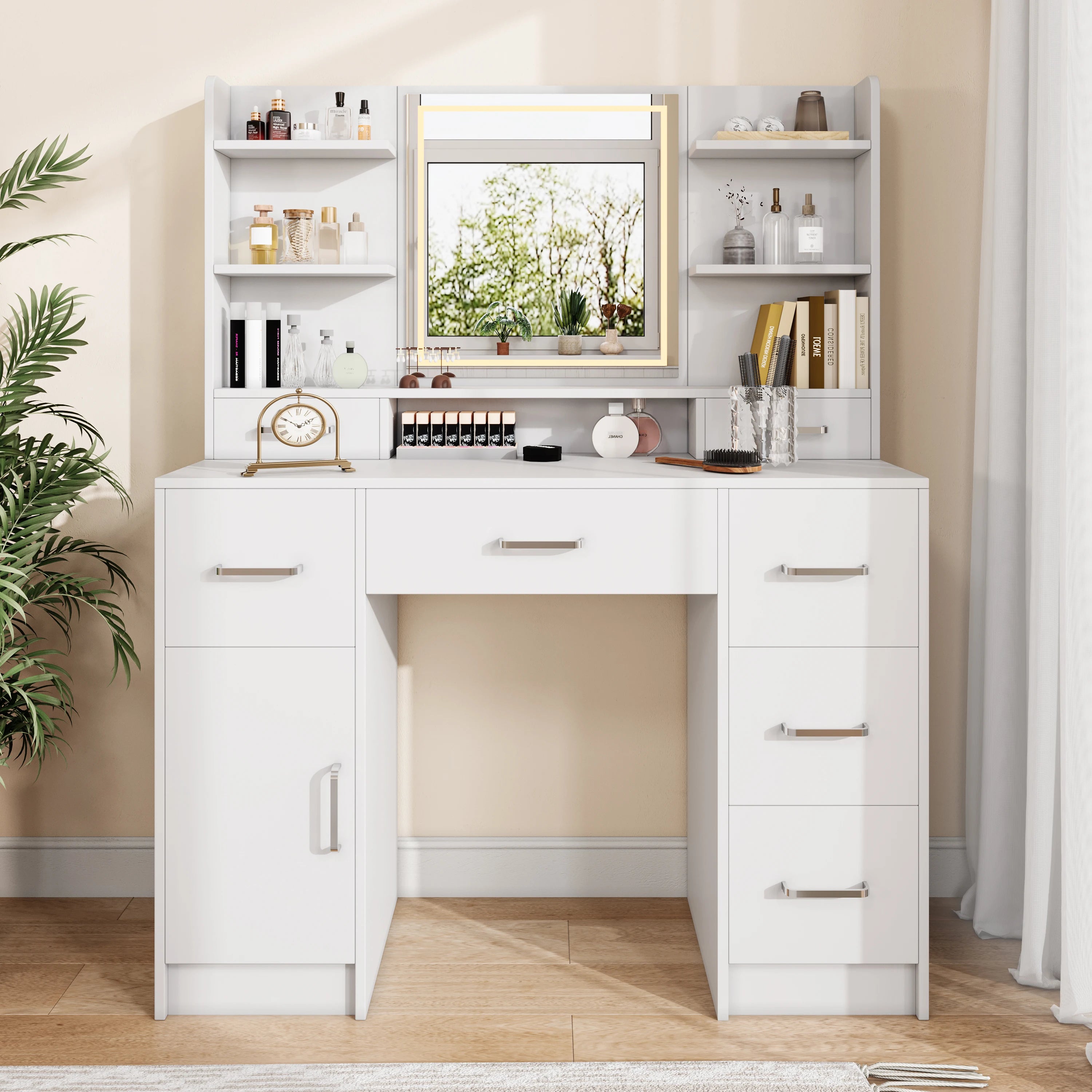 Tocador con espejo LED, con multienchufe, 7 cajones y 6 estantes abiertos