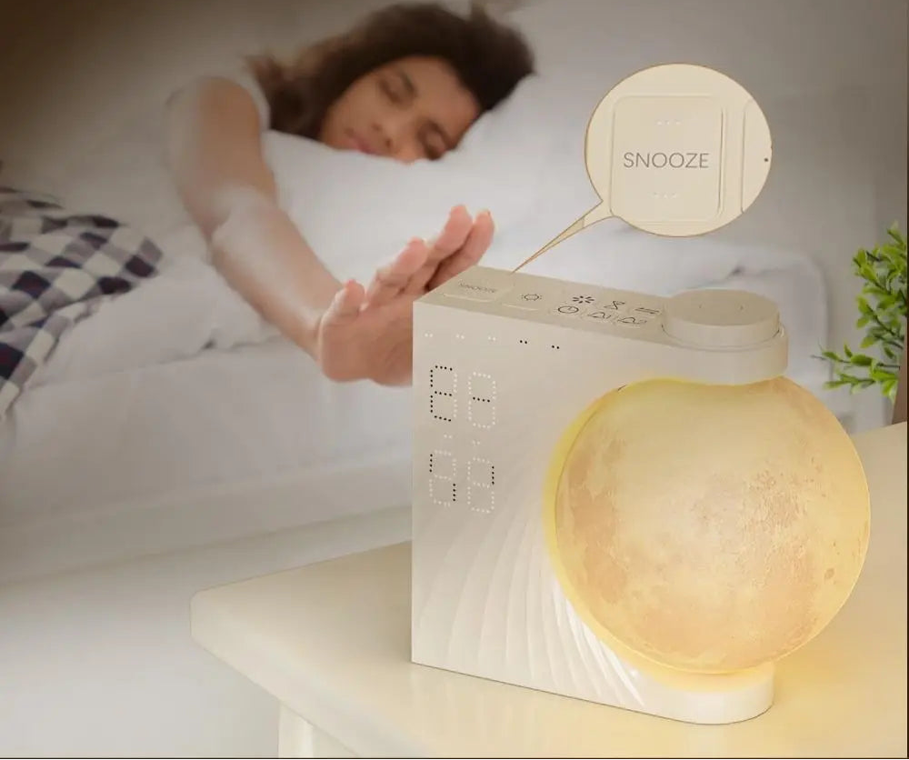 Despertador con 10 efectos de luz, amanecer, 10 sonidos de la naturaleza para dormir, temporizador de 30/60/90 segundos, atmósfera colorida, lámpara de luna, 15 tonos de llamada