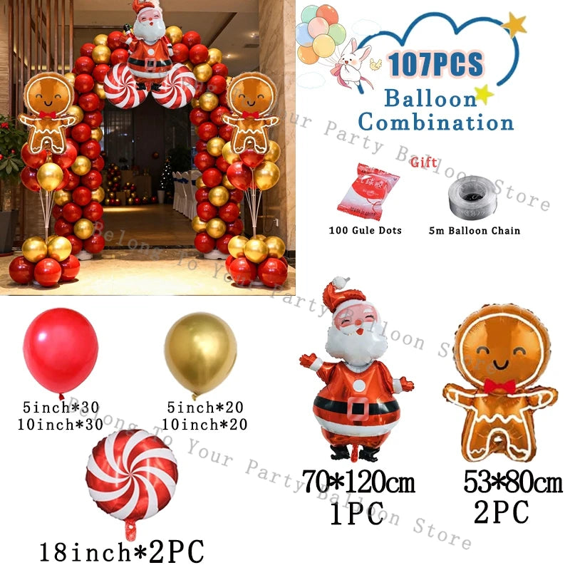 Decoración navideña: guirnalda de globos, arco, piruleta, bastón de caramelo, globo metalizado, globo rojo y verde.