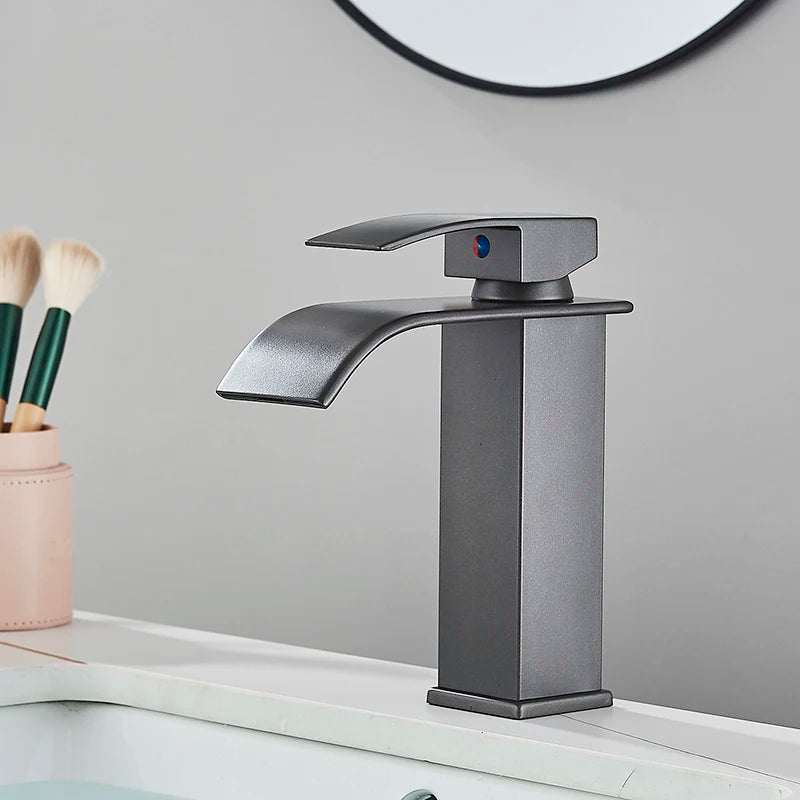 Grifo de baño cascada negro, lavabo, lavabo de tocador, grifo mezclador, grifo de agua fría y caliente, grifos de lavabo de baño de un solo orificio, grúa