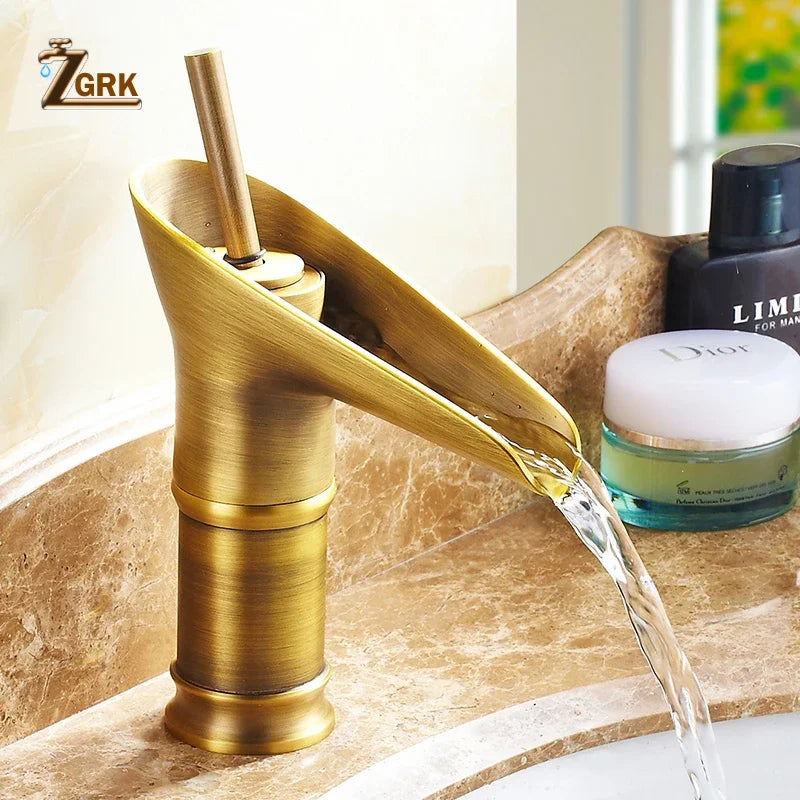 Grifo de lavabo clásico estilo antiguo, grifo de baño en cascada, grifo de agua caliente y fría, grifo de bronce de un solo orificio tipo copa