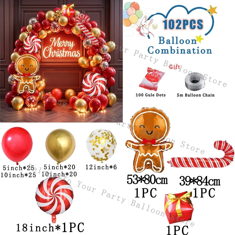 Decoración navideña: guirnalda de globos, arco, piruleta, bastón de caramelo, globo metalizado, globo rojo y verde.