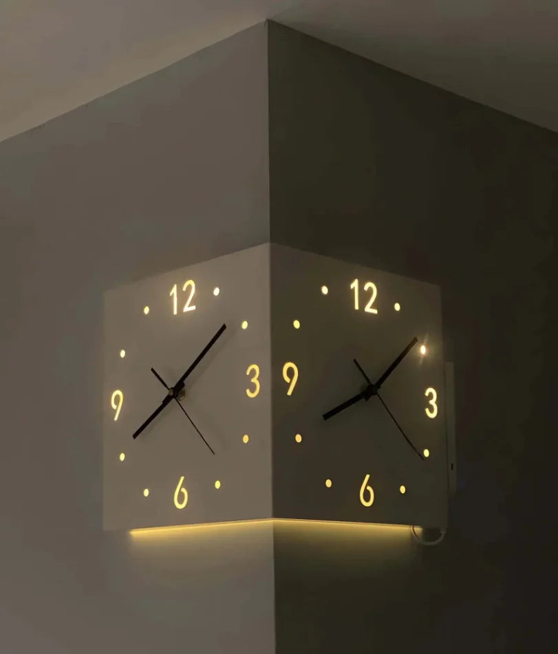 Reloj de pared moderno de esquina, luminoso de doble cara