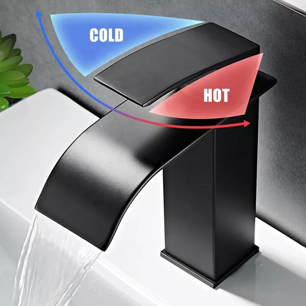Grifo de baño cascada negro, lavabo, lavabo de tocador, grifo mezclador, grifo de agua fría y caliente, grifos de lavabo de baño de un solo orificio, grúa