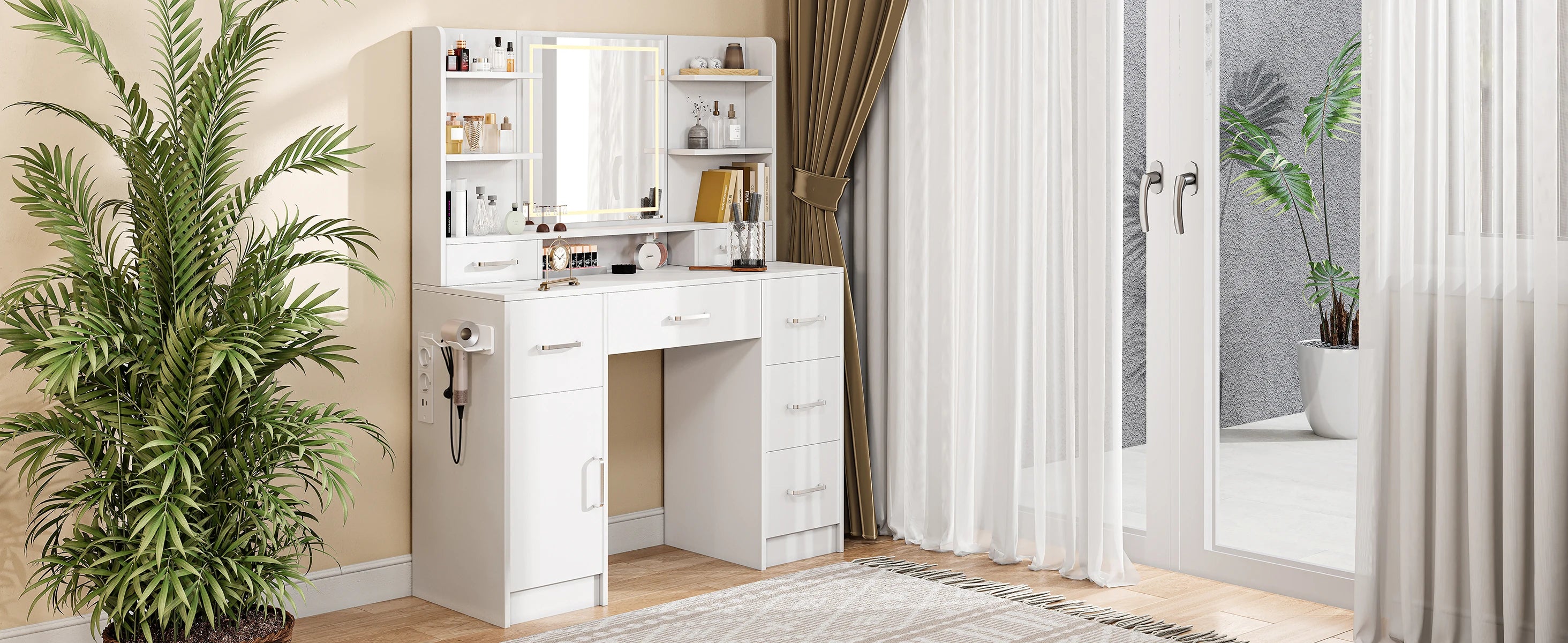 Tocador con espejo LED, con multienchufe, 7 cajones y 6 estantes abiertos