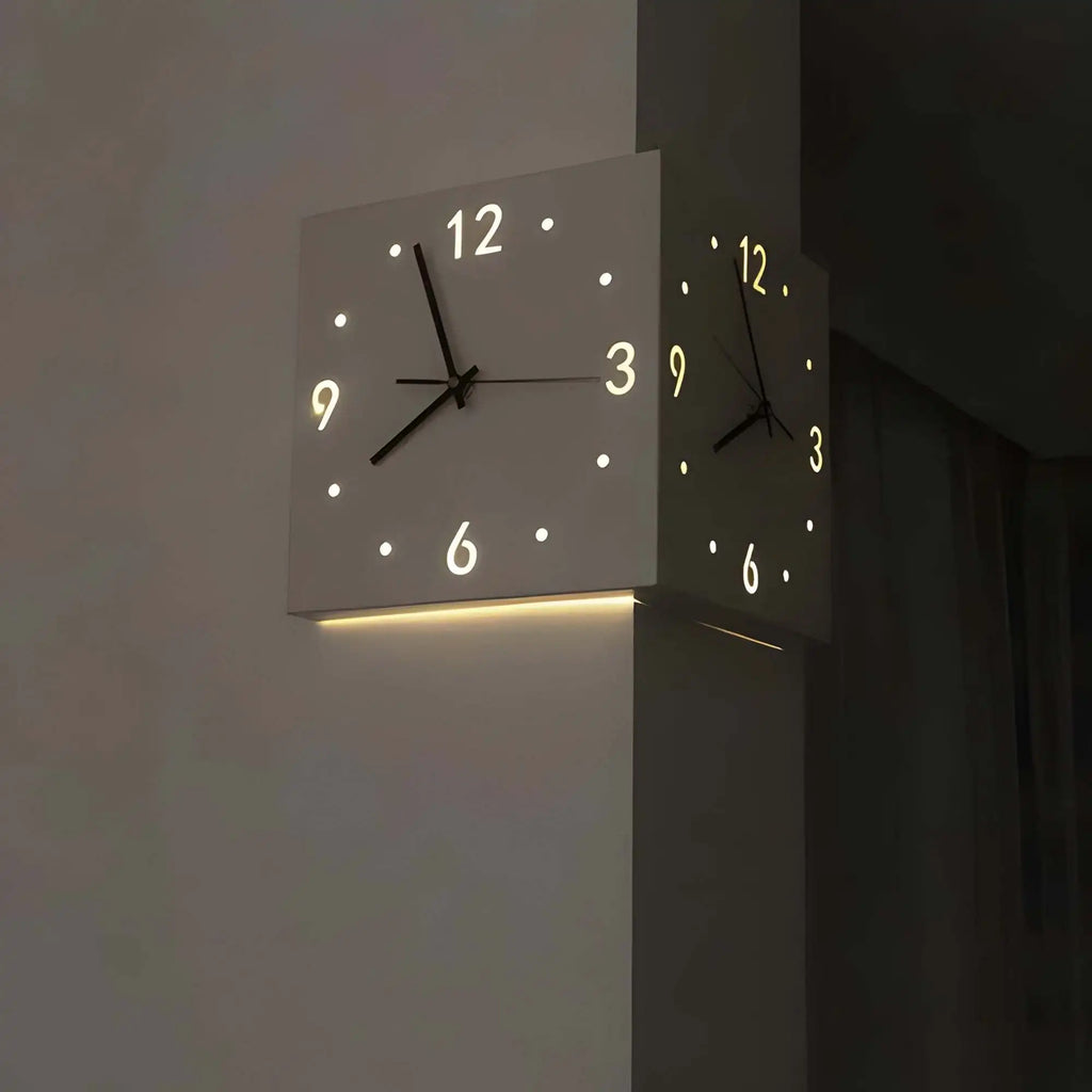 Reloj de pared moderno de esquina, luminoso de doble cara
