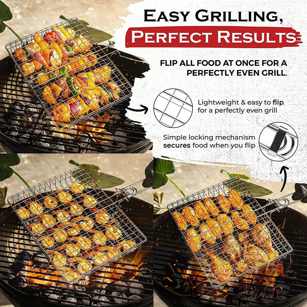 Rejilla de barbacoa plegable y gruesa de acero inoxidable con gran capacidad para asar pollo y cesta para asar con asa.