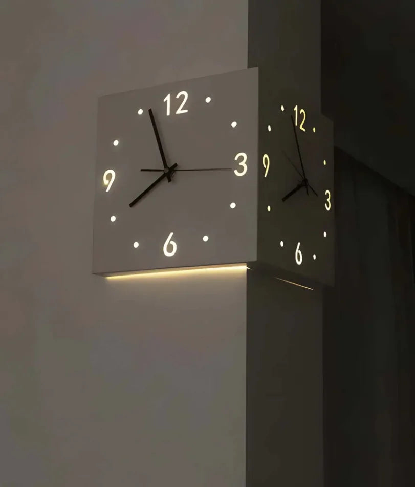 Reloj de pared moderno de esquina, luminoso de doble cara