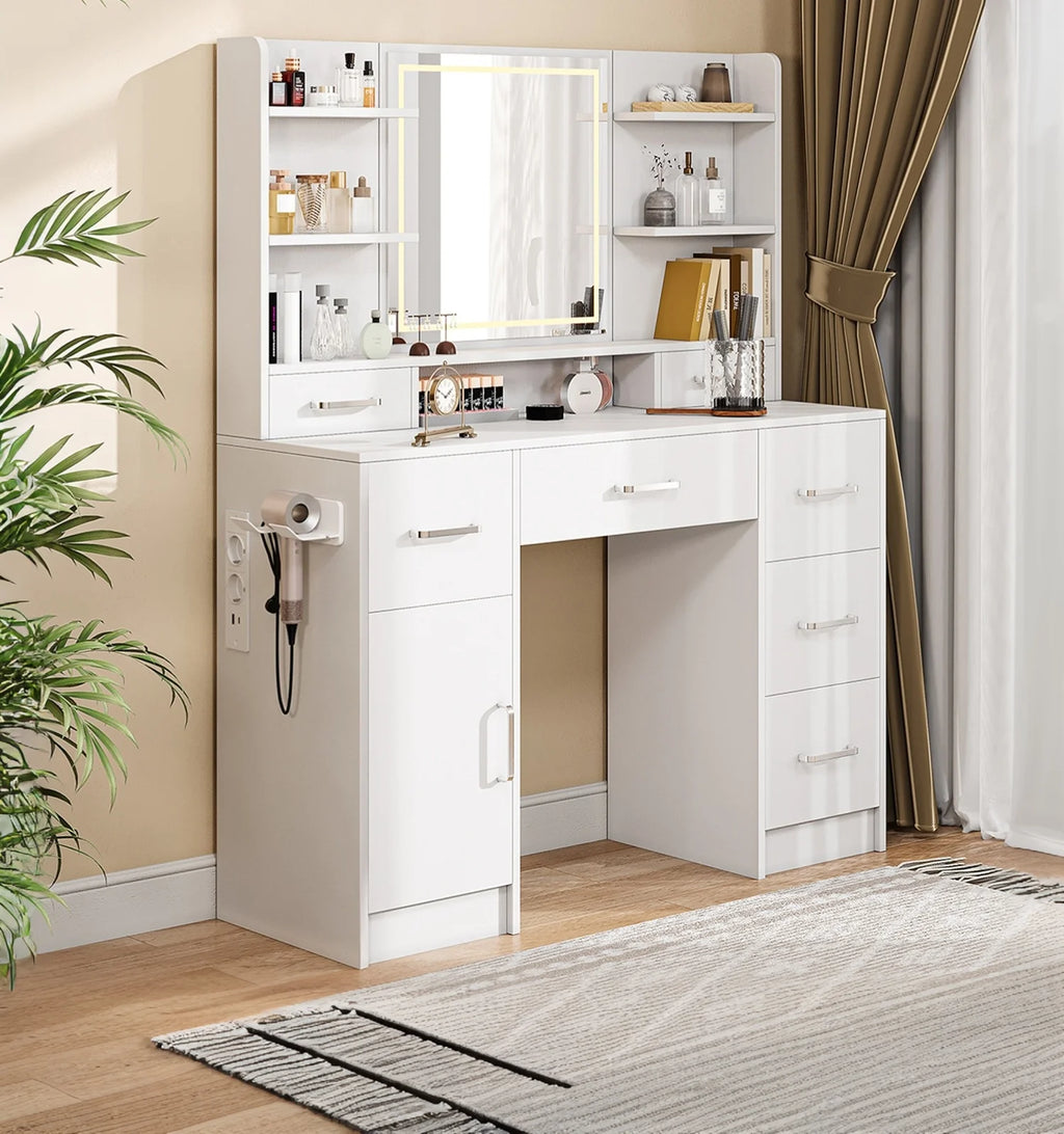 Tocador con espejo LED, con multienchufe, 7 cajones y 6 estantes abiertos