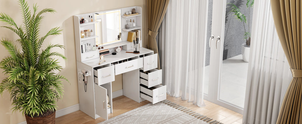 Tocador con espejo LED, con multienchufe, 7 cajones y 6 estantes abiertos