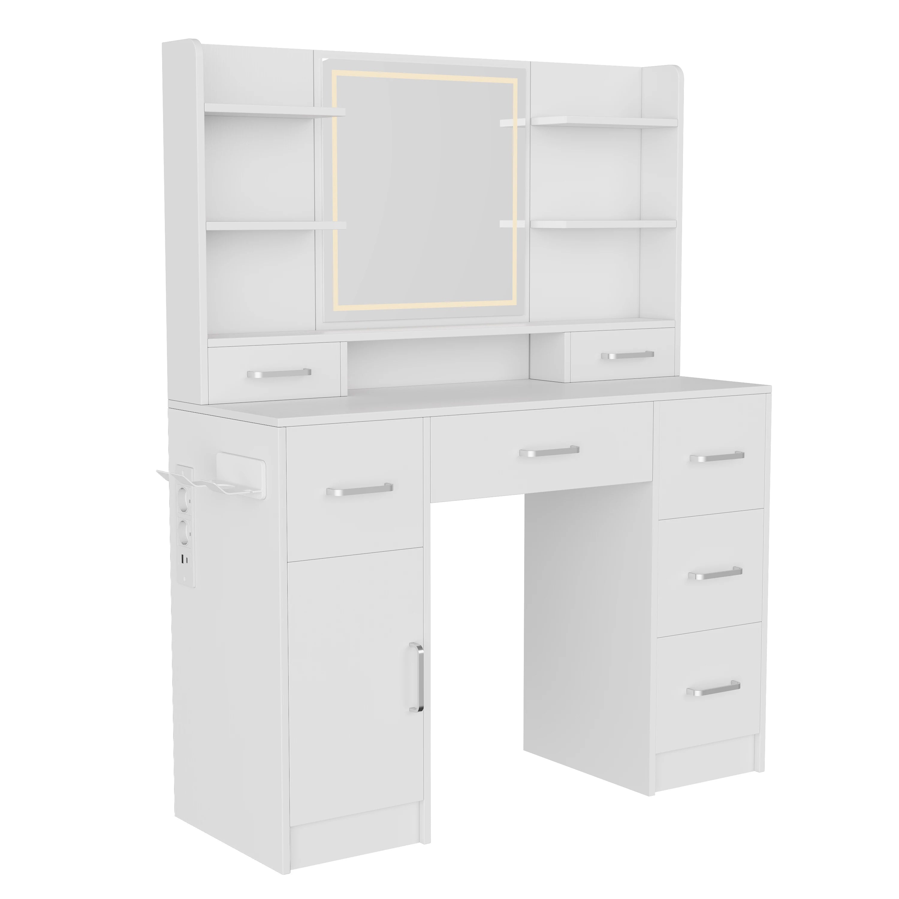 Tocador con espejo LED, con multienchufe, 7 cajones y 6 estantes abiertos