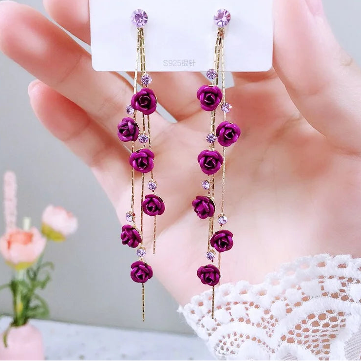 Pendientes retro con flores rosas para mujer