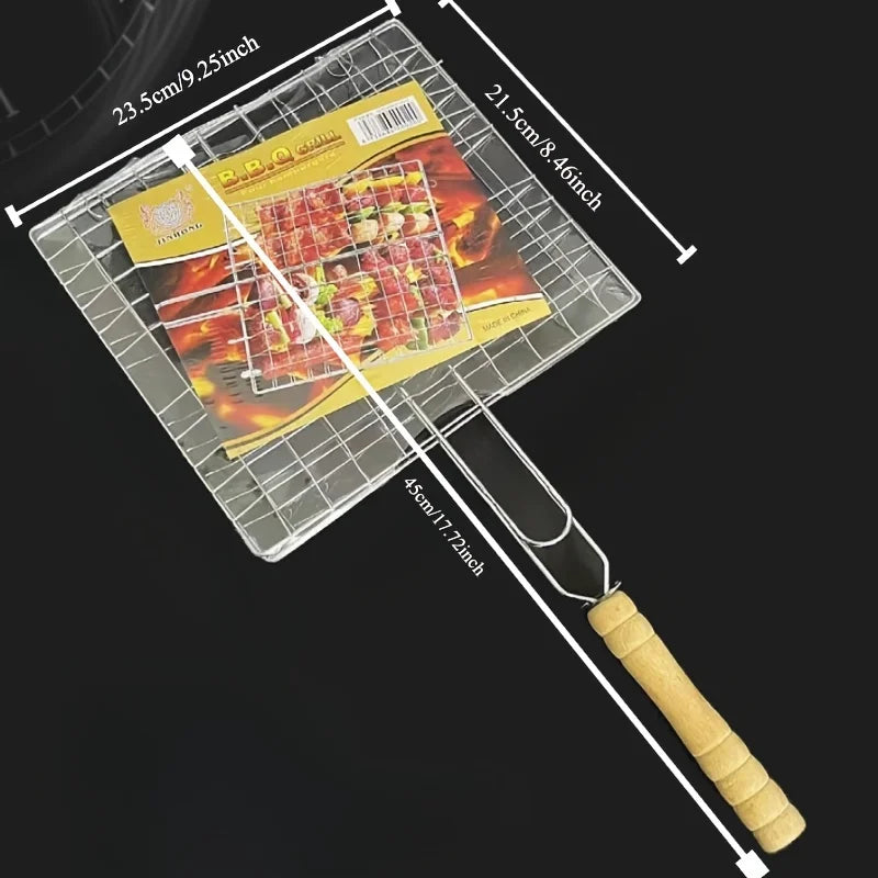 Rejilla de barbacoa plegable y gruesa de acero inoxidable con gran capacidad para asar pollo y cesta para asar con asa.
