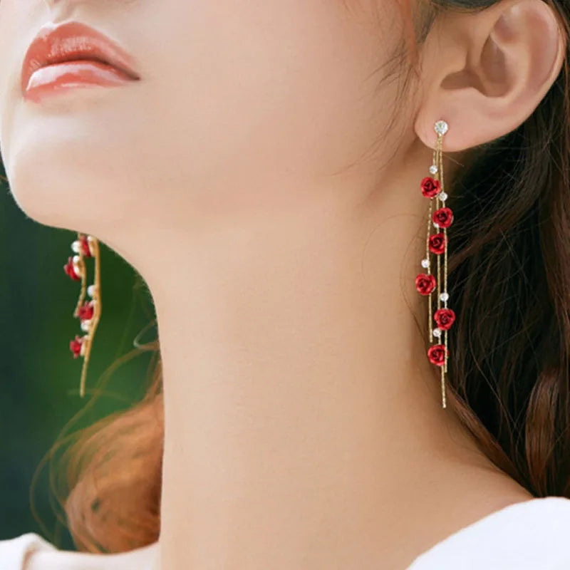 Pendientes retro con flores rosas para mujer