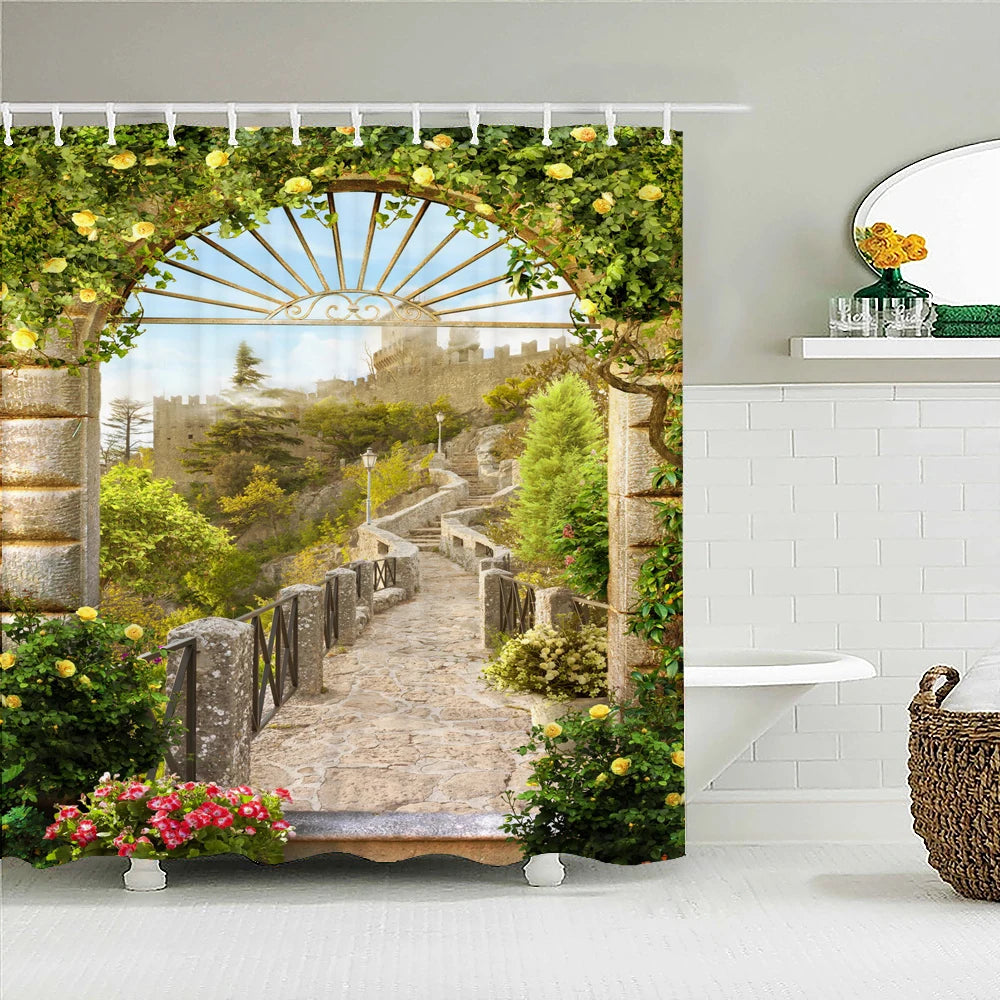 European Landscape Shower Curtain Waterproof Bathroom Curtain Polyester Fabric Bath Curtains 3D Printed with Hooks Bath Screen