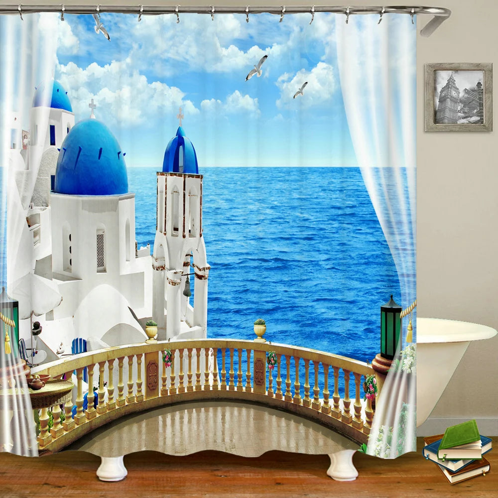 European Landscape Shower Curtain Waterproof Bathroom Curtain Polyester Fabric Bath Curtains 3D Printed with Hooks Bath Screen