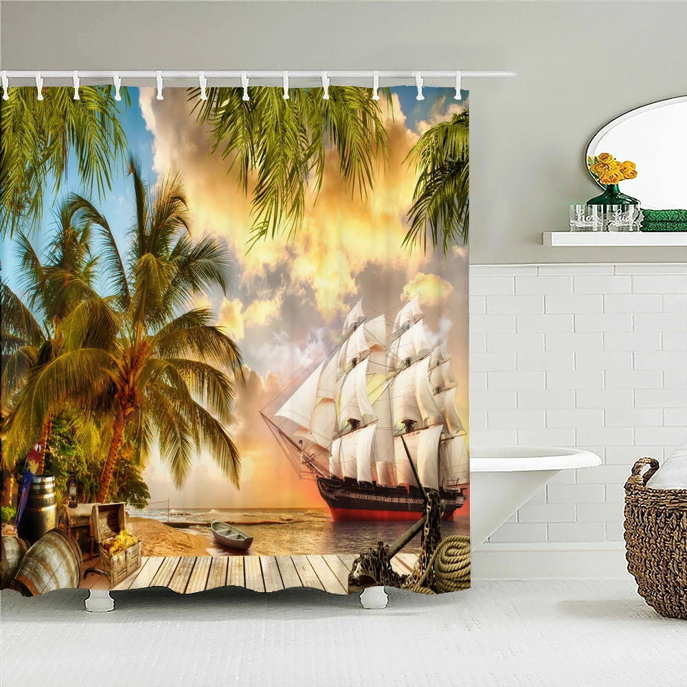 European Landscape Shower Curtain Waterproof Bathroom Curtain Polyester Fabric Bath Curtains 3D Printed with Hooks Bath Screen