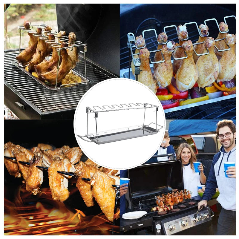 BBQ Beef Chicken Leg Wing Grill Rack 14 Slots Stainless Steel Barbecue Drumsticks Holder Oven Roaster Stand with Drip Pan Tools