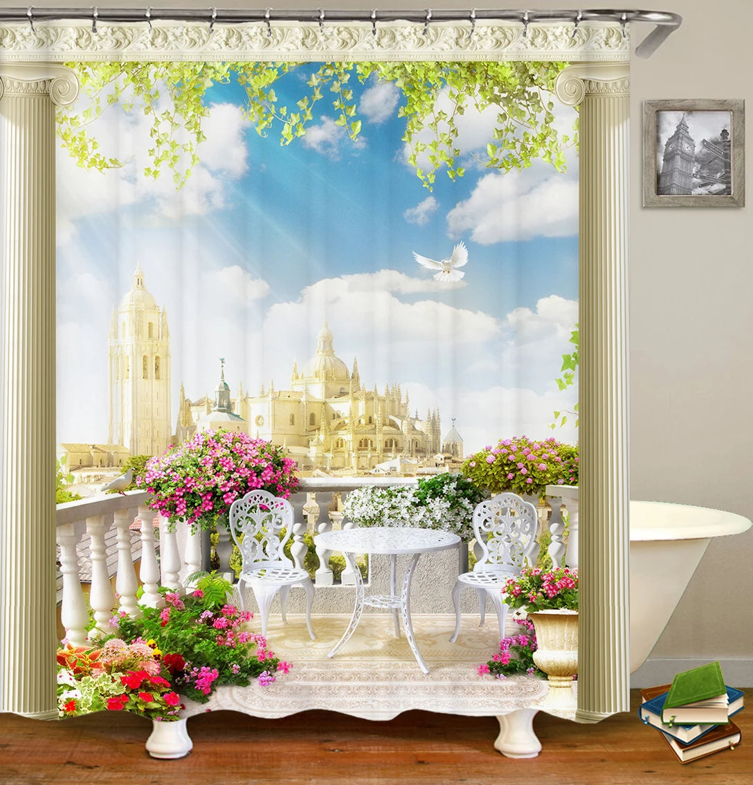 European Landscape Shower Curtain Waterproof Bathroom Curtain Polyester Fabric Bath Curtains 3D Printed with Hooks Bath Screen