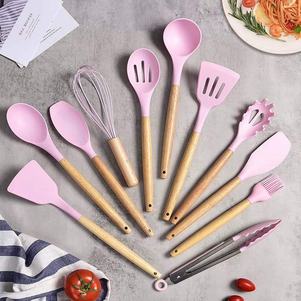 12Pcs/Set Silicone Kitchen Utensils with Holder Wooden Handle Non Stick Pot Kitchenware Kit Heat Resistant Cookware Tools cucheron cocina