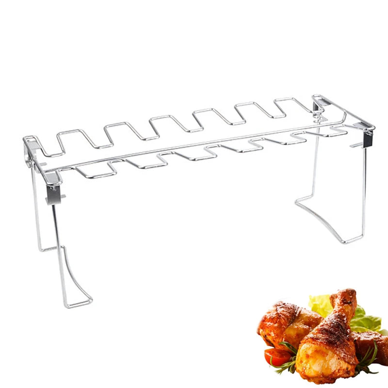 BBQ Beef Chicken Leg Wing Grill Rack 14 Slots Stainless Steel Barbecue Drumsticks Holder Oven Roaster Stand with Drip Pan Tools