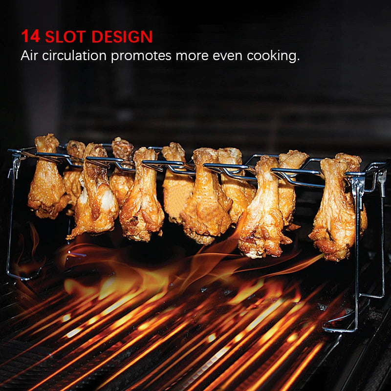 BBQ Beef Chicken Leg Wing Grill Rack 14 Slots Stainless Steel Barbecue Drumsticks Holder Oven Roaster Stand with Drip Pan Tools