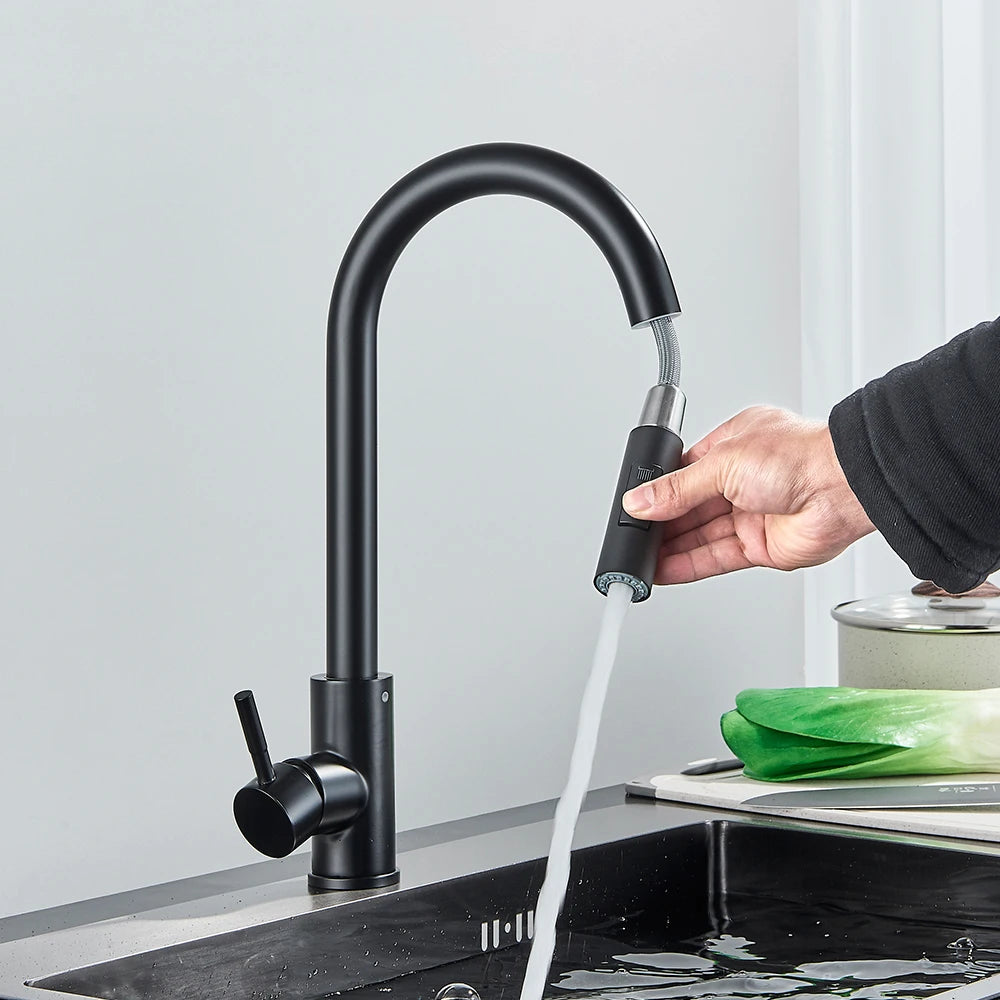 Black Kitchen Faucet Two Function Single Handle Pull Out Mixer Hot and Cold Water Taps Deck Mounted