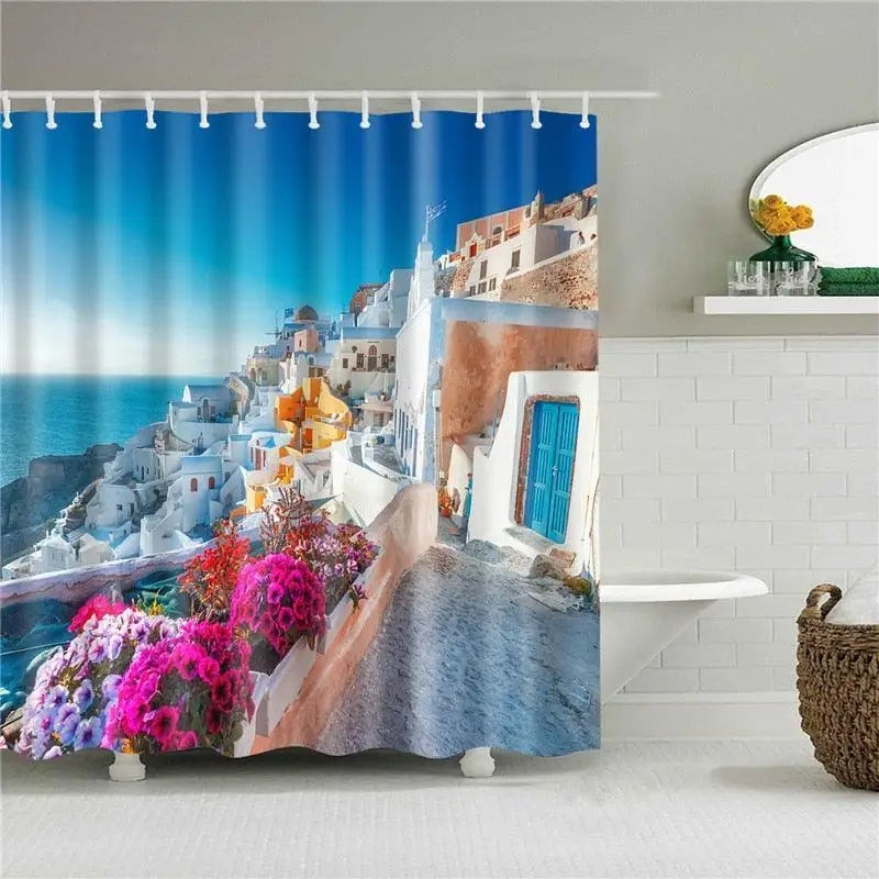 European Landscape Shower Curtain Waterproof Bathroom Curtain Polyester Fabric Bath Curtains 3D Printed with Hooks Bath Screen