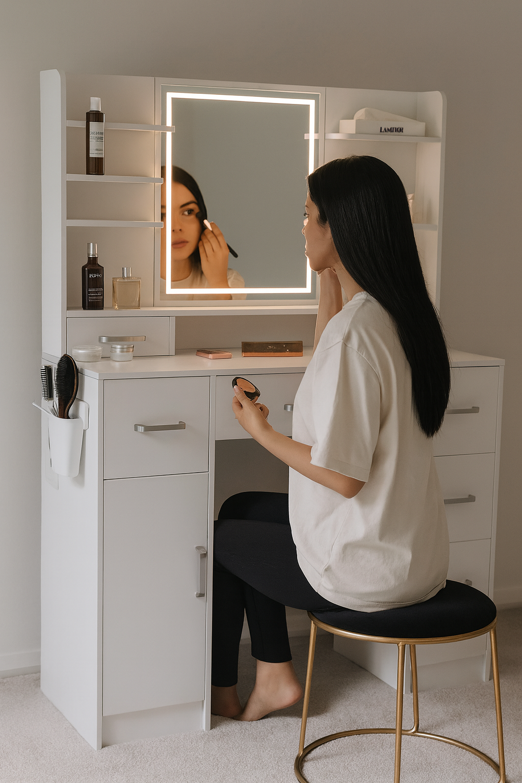 Tocador con espejo LED, con multienchufe, 7 cajones y 6 estantes abiertos