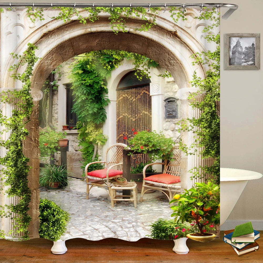 European Landscape Shower Curtain Waterproof Bathroom Curtain Polyester Fabric Bath Curtains 3D Printed with Hooks Bath Screen