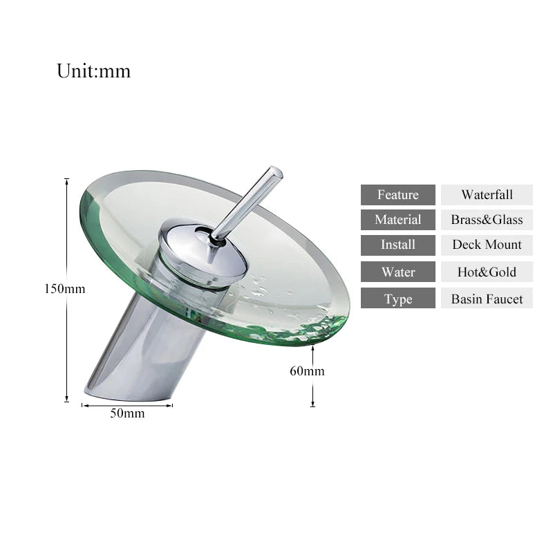 Colorful Glass Waterfall Bathroom Basin Sink Faucet Chrome Basin Sink Faucet Single Lever Deck Mounted round Mixer Tap