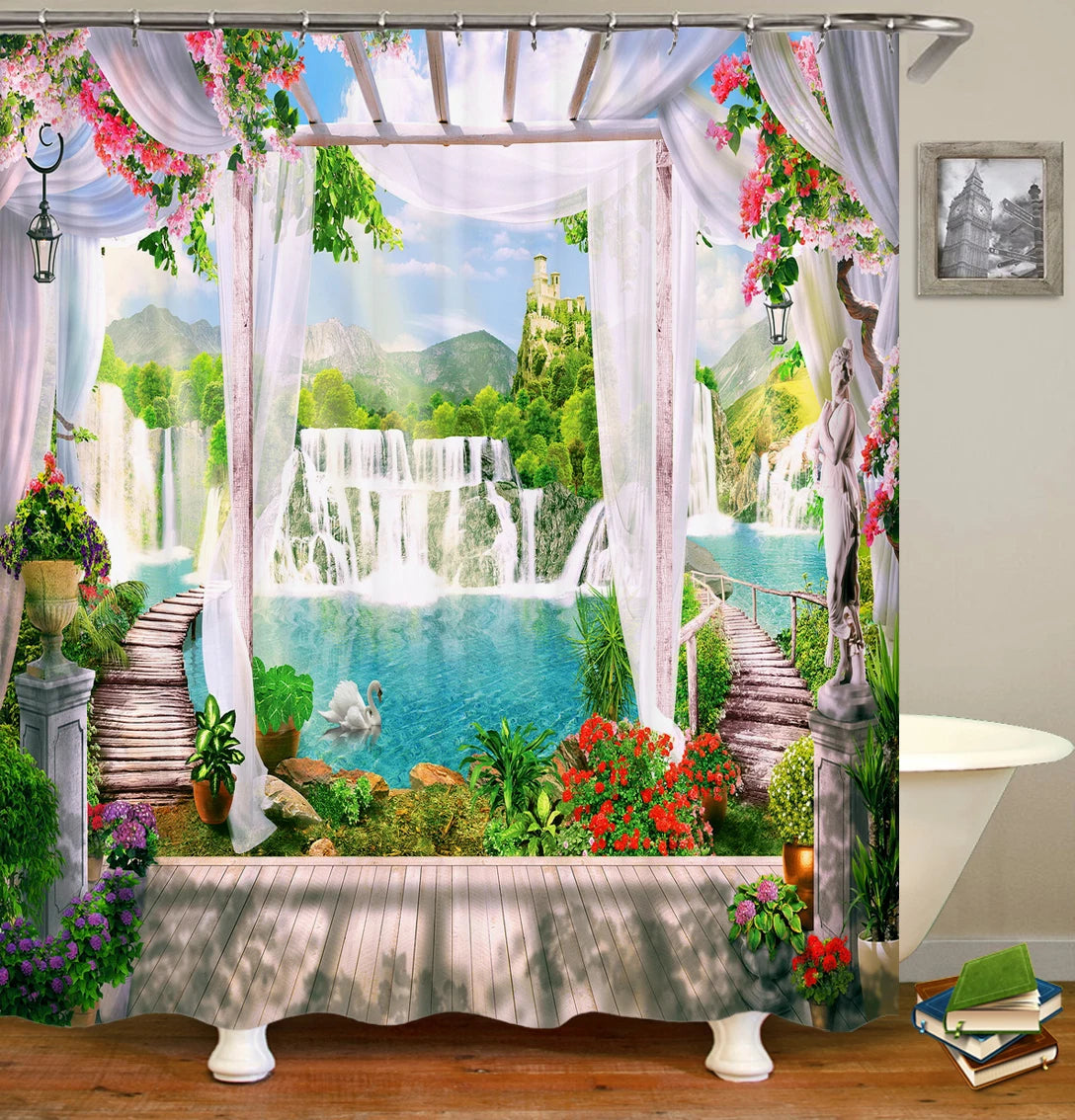 European Landscape Shower Curtain Waterproof Bathroom Curtain Polyester Fabric Bath Curtains 3D Printed with Hooks Bath Screen