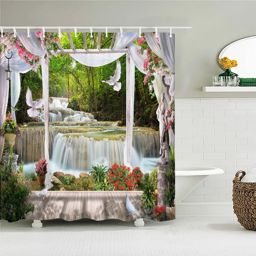 European Landscape Shower Curtain Waterproof Bathroom Curtain Polyester Fabric Bath Curtains 3D Printed with Hooks Bath Screen