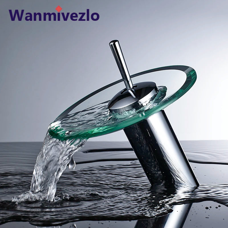 Colorful Glass Waterfall Bathroom Basin Sink Faucet Chrome Basin Sink Faucet Single Lever Deck Mounted round Mixer Tap