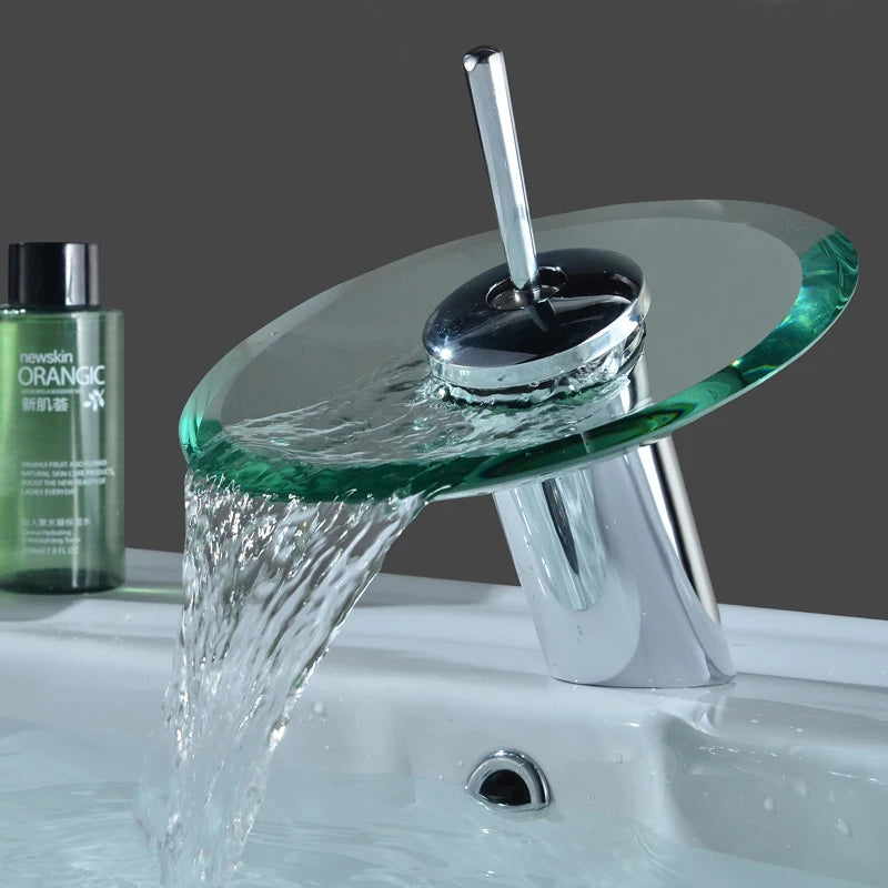 Colorful Glass Waterfall Bathroom Basin Sink Faucet Chrome Basin Sink Faucet Single Lever Deck Mounted round Mixer Tap grifo bueno