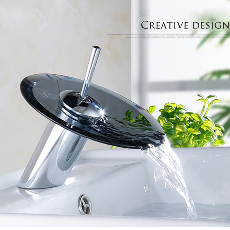 Colorful Glass Waterfall Bathroom Basin Sink Faucet Chrome Basin Sink Faucet Single Lever Deck Mounted round Mixer Tap nuevo grifo