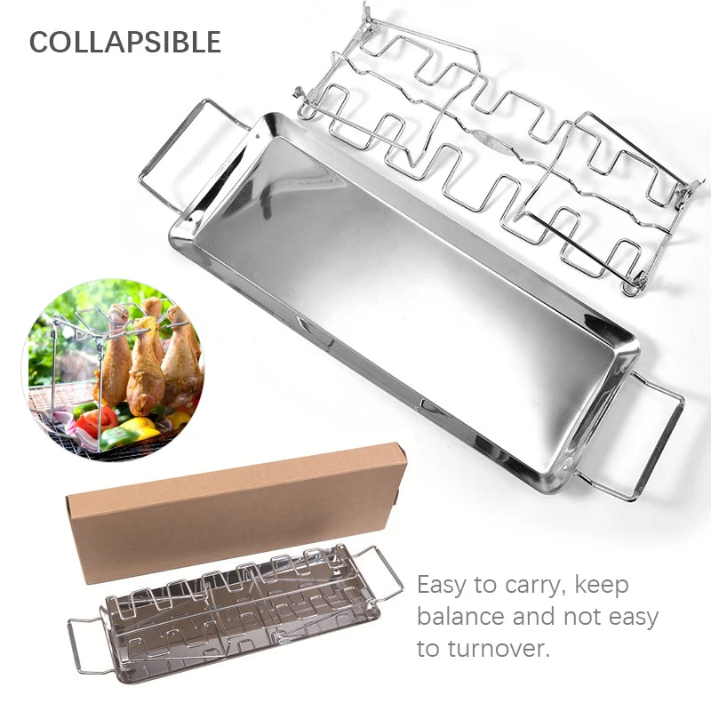 BBQ Beef Chicken Leg Wing Grill Rack 14 Slots Stainless Steel Barbecue Drumsticks Holder Oven Roaster Stand with Drip Pan Tools